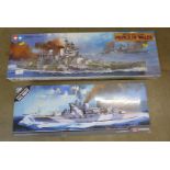 Two 1/350 model ship kits of HMS Prince of Wales and HMS Warspite, Academy and Tamiya, boxed