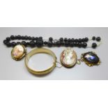 Vintage costume jewellery including a cameo brooch and a gold plated bangle