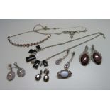 Vintage silver and marcasite jewellery, including four pairs of earrings, three necklaces and a