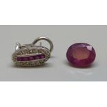 A loose ruby and an 18ct white gold and diamond earring, 2.1g