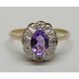 A 9ct gold, amethyst and diamond cluster ring, 2.1g, P