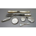 A mother of pearl knife, mother and pearl and silver pendant, brooches, pocket knife with silver