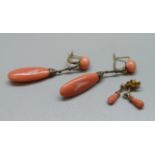 A pair of 14ct Chinese gold and coral earrings and one other pair