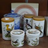 A Spode's Italian blue and white storage jar and five Portmeirion storage jars