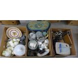 Three boxes of mixed china and metalwares including an Aynsley tea set, vintage ice skates, etc. **