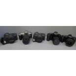Five 35mm cameras and lenses, Minolta Dynax 3000i, 5000i, Olympus AZ-300 Super Zoom (x2) and Canon