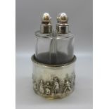 Four silver topped perfume bottles, silver embossed themed holder, 49g, Chester 1903