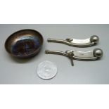 A Bjorn Engo, Norway calendar, two bosun's whistles and an enamelled copper dish