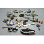 Assorted badges, brooches, wristwatch, etc.