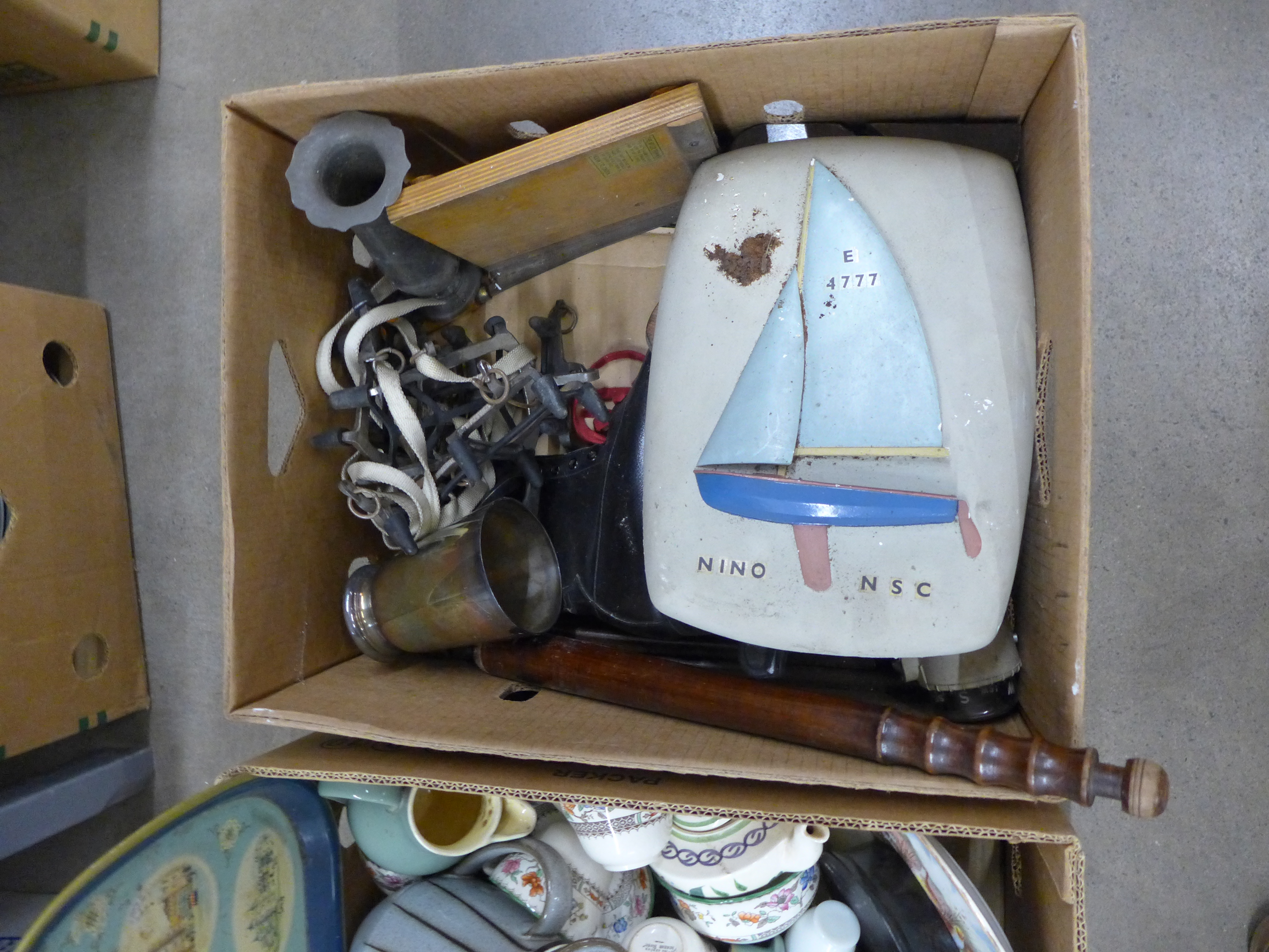 Three boxes of mixed china and metalwares including an Aynsley tea set, vintage ice skates, etc. ** - Image 4 of 4