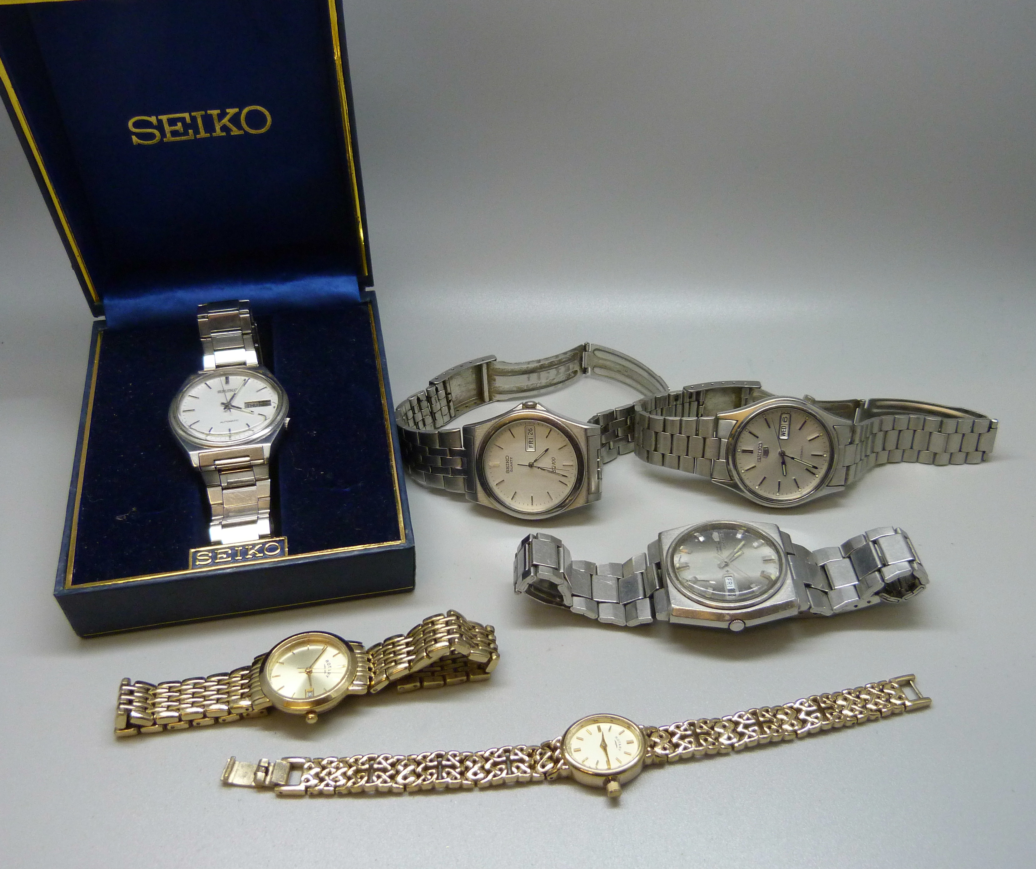 Four Seiko wristwatches, two lady's Rotary wristwatches, one boxed