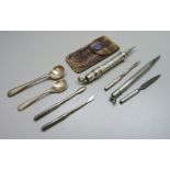 Two Sampson Mordan silver pencils, a silver manicure set and salt spoons