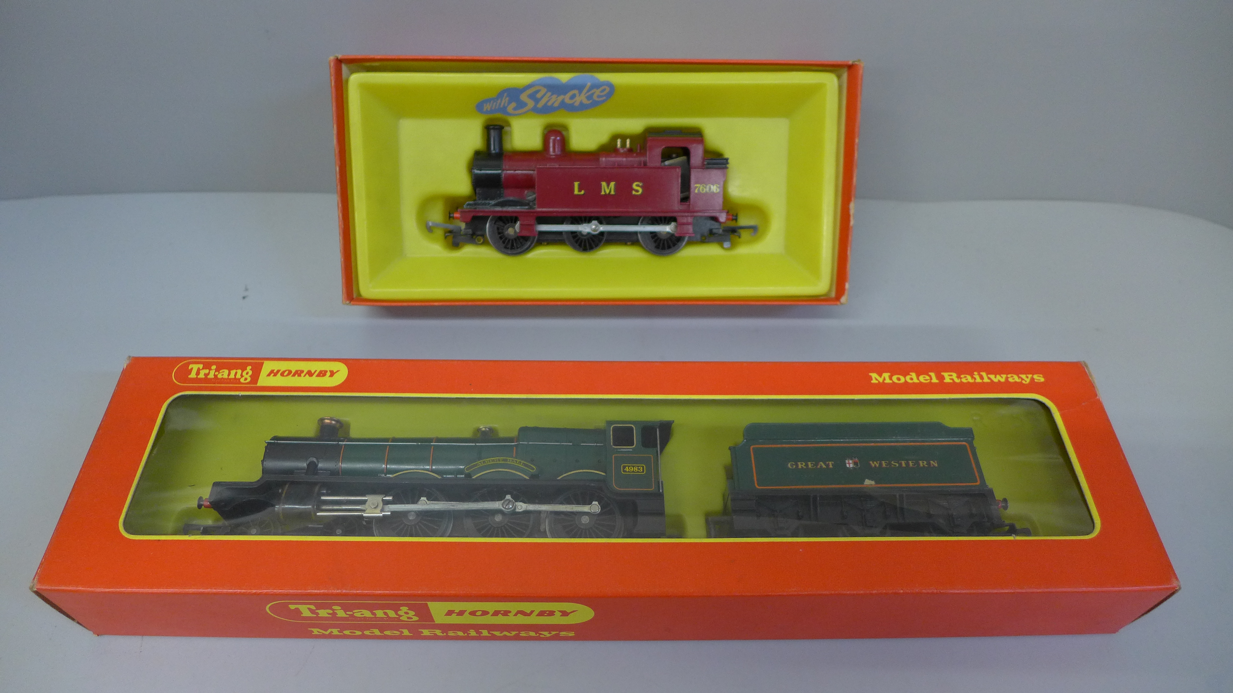 A Tri-ang Hornby OO gauge Great Western Hall class locomotive and tender and a Hornby LMS red