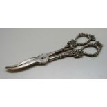 A pair of sterling silver cast handled grape scissors, marked inside the bottom of handle, 85g