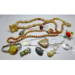 A collection of stone set jewellery, some silver set, including an agate bead necklace