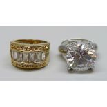 A silver gilt, synthetic diamond dress ring and a silver gilt solitaire ring