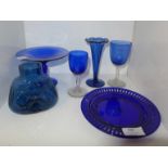 A group of blue glass including tazza, a small posy vase, etc.