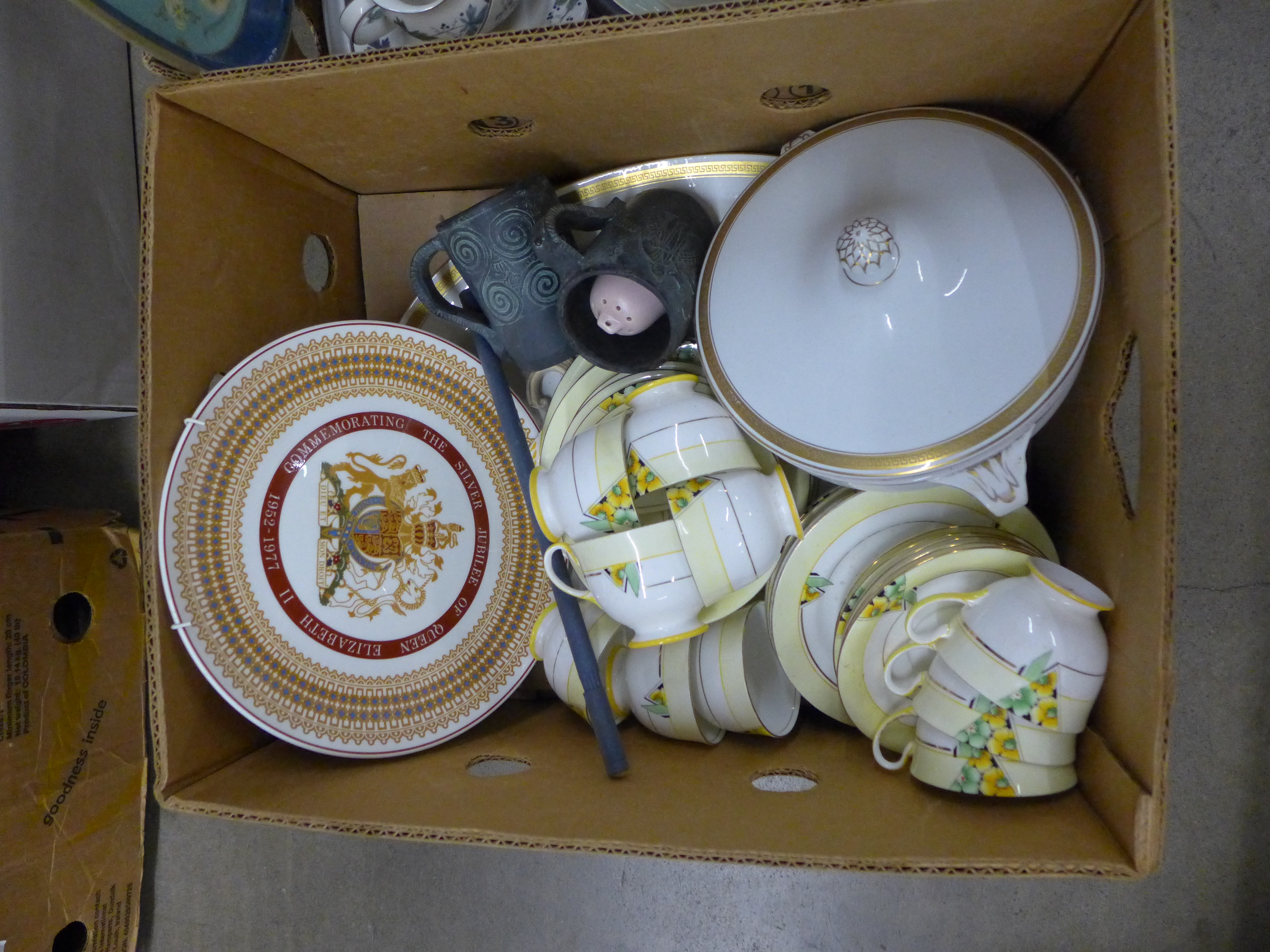 Three boxes of mixed china and metalwares including an Aynsley tea set, vintage ice skates, etc. ** - Image 2 of 4