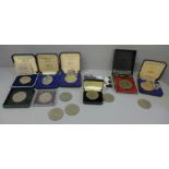 A collection of eight commemorative crowns, Metropolitan Police medallions, etc.