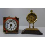 Two small clocks: one enamelled, 5.5cm tall, and one brass, 8.1cm tall