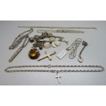 A collection of silver jewellery including a hardstone and yellow stone set silver shield brooch and