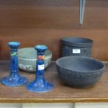 A Wedgwood black basalt planter, a bowl, a Jasperware bowl and a pair of Losol candlesticks