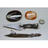 Two agate brooches, a silver dragon handle bookmark, coin brooch a/f and brooch