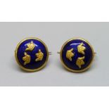 A pair of yellow metal and enamel earrings, 10.1g (test as 9ct gold)