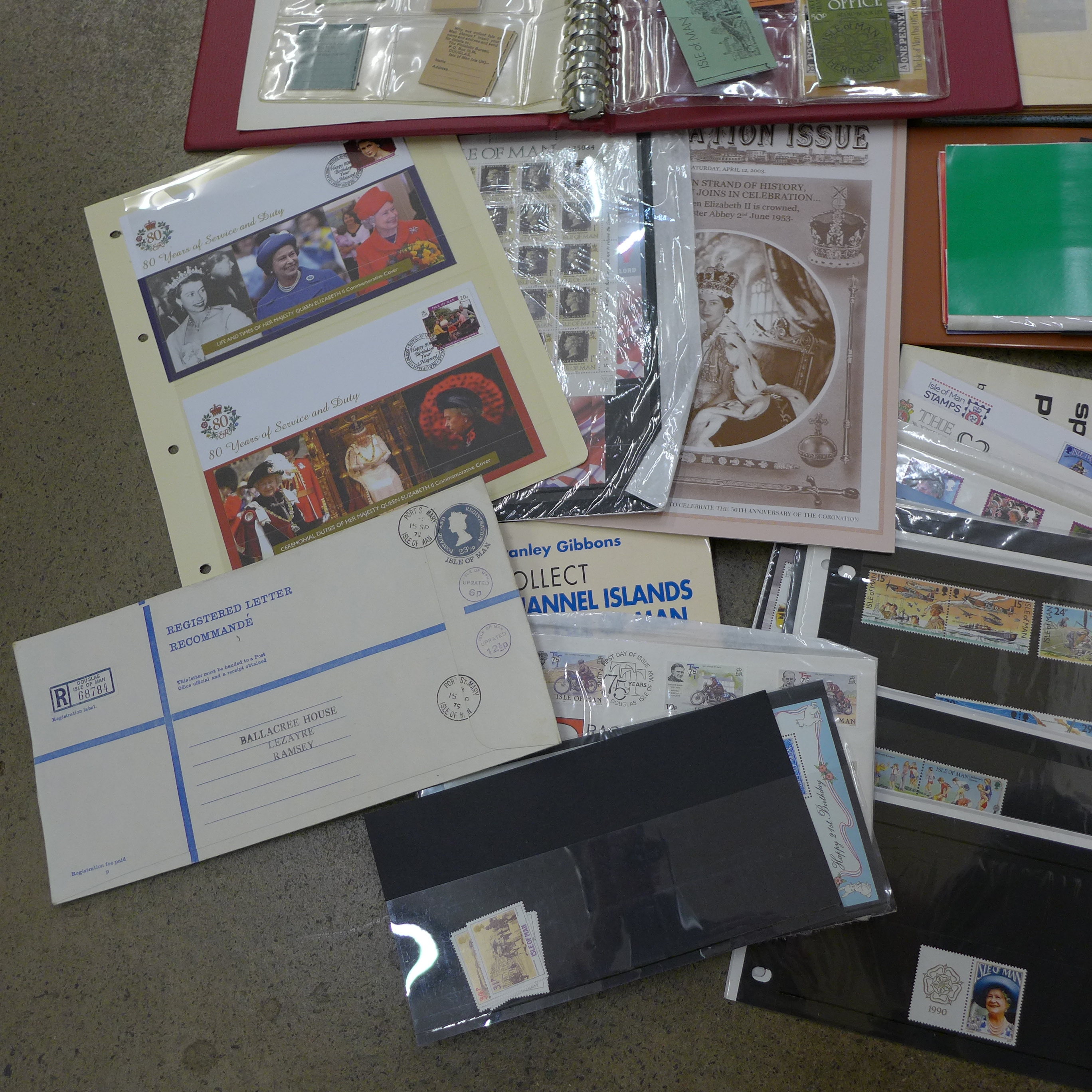 Stamps; a collection of Isle of Man in box with stock book of mint, album of booklets, album of - Image 3 of 4