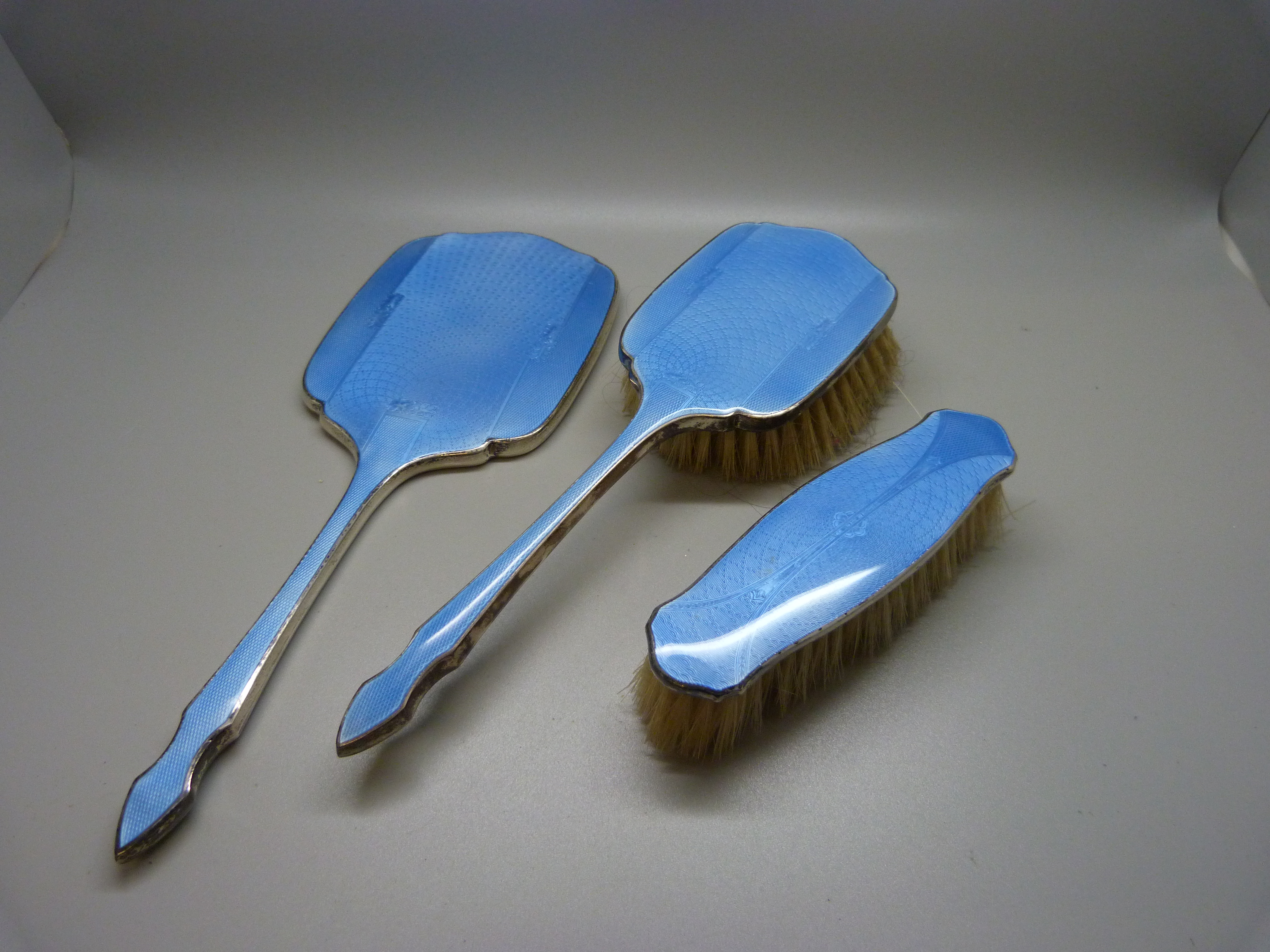 A silver and enamel Art Deco vanity set, Birmingham 1946, boxed - Image 2 of 6