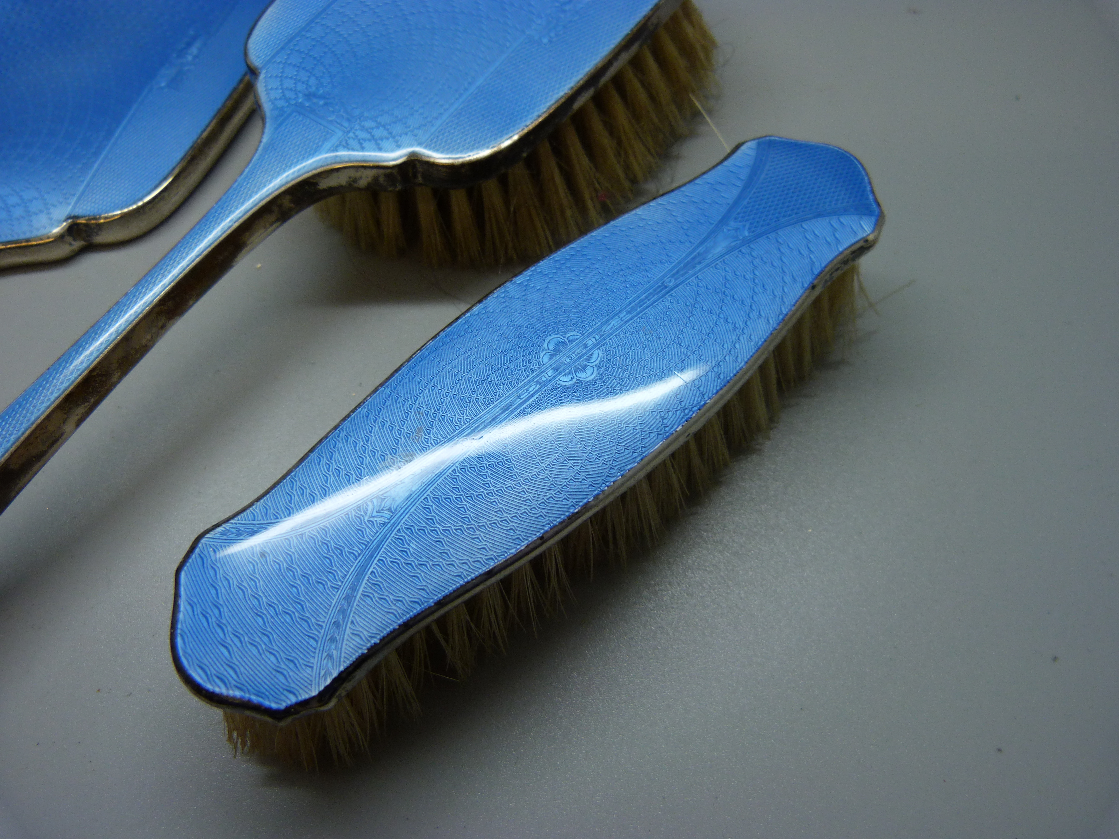 A silver and enamel Art Deco vanity set, Birmingham 1946, boxed - Image 3 of 6