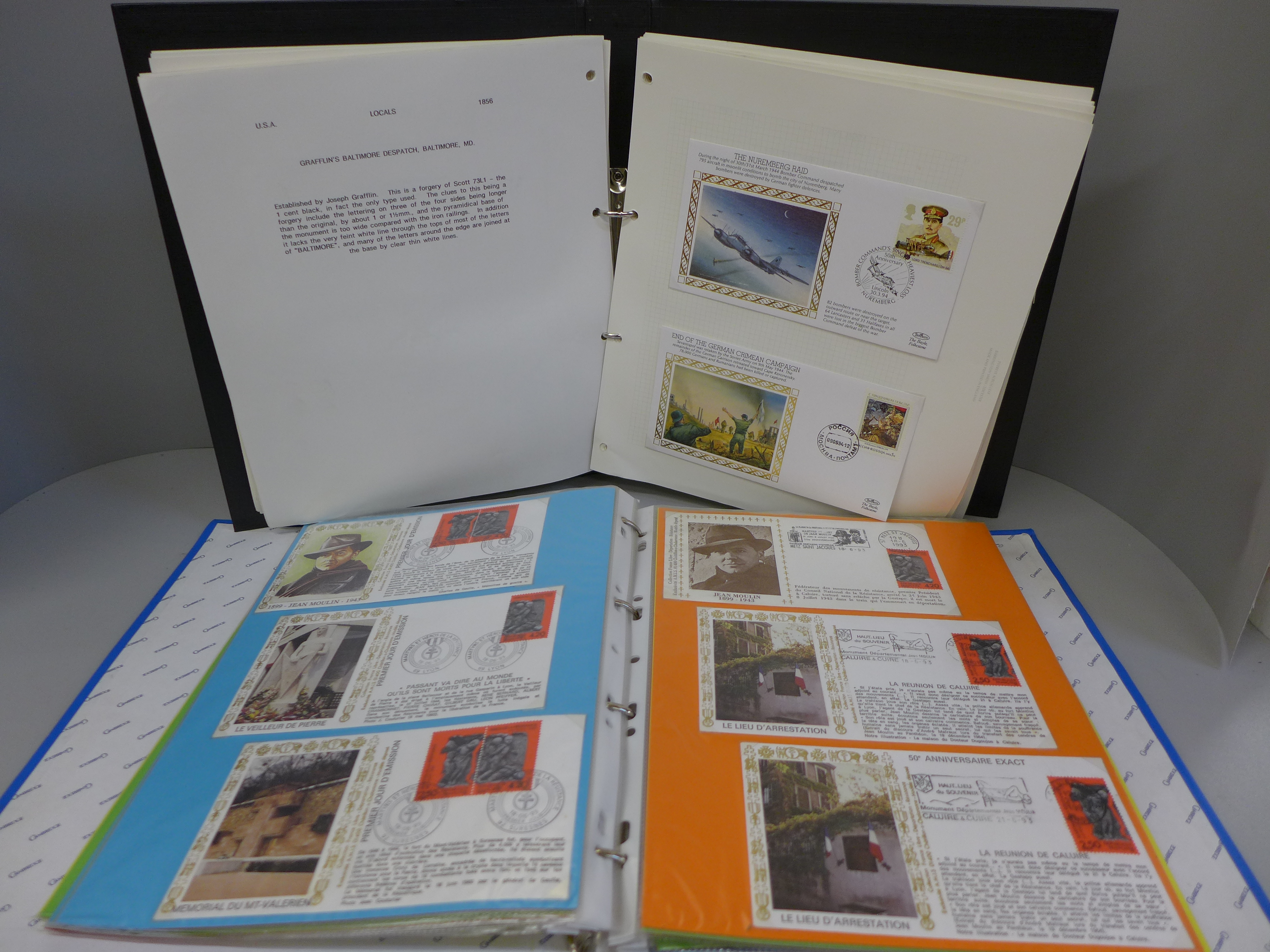 Four albums of WWII commemorative stamp covers, many of which are silks