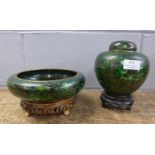 A matching Oriental cloisonne enamelled ginger jar and bowl, on stands