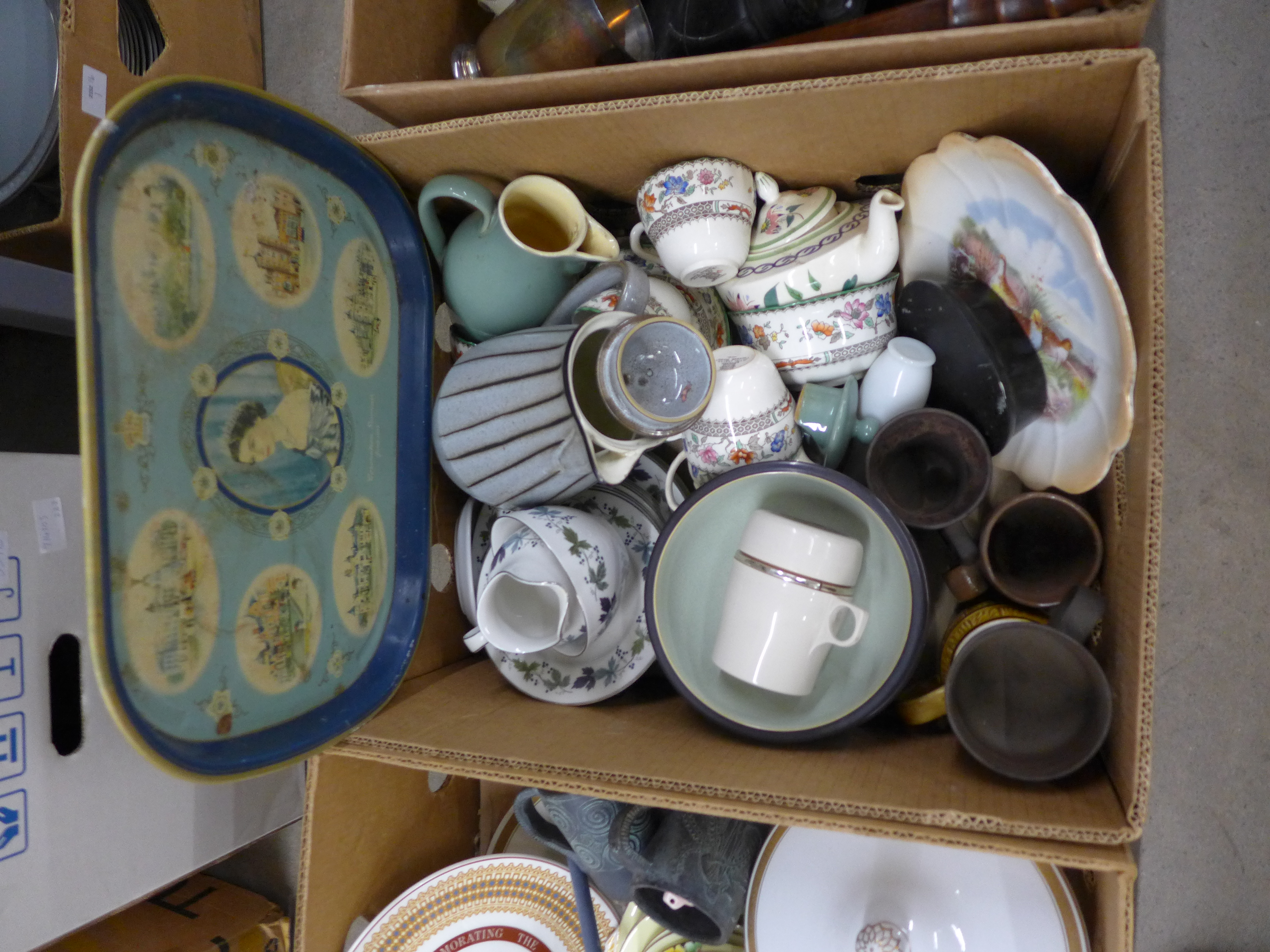 Three boxes of mixed china and metalwares including an Aynsley tea set, vintage ice skates, etc. ** - Image 3 of 4