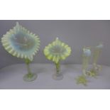 Two Victorian vaseline glass Jack in the Pulpit vases, circa 1880 and two vaseline glass vases