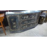 A Chinese chinoiserie, black and gilt lacquered sideboard