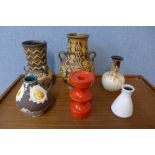 Two West German Jasba vases and four others