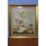 Deborah Jones, still life with doll on shelf, oil on canvas, framed