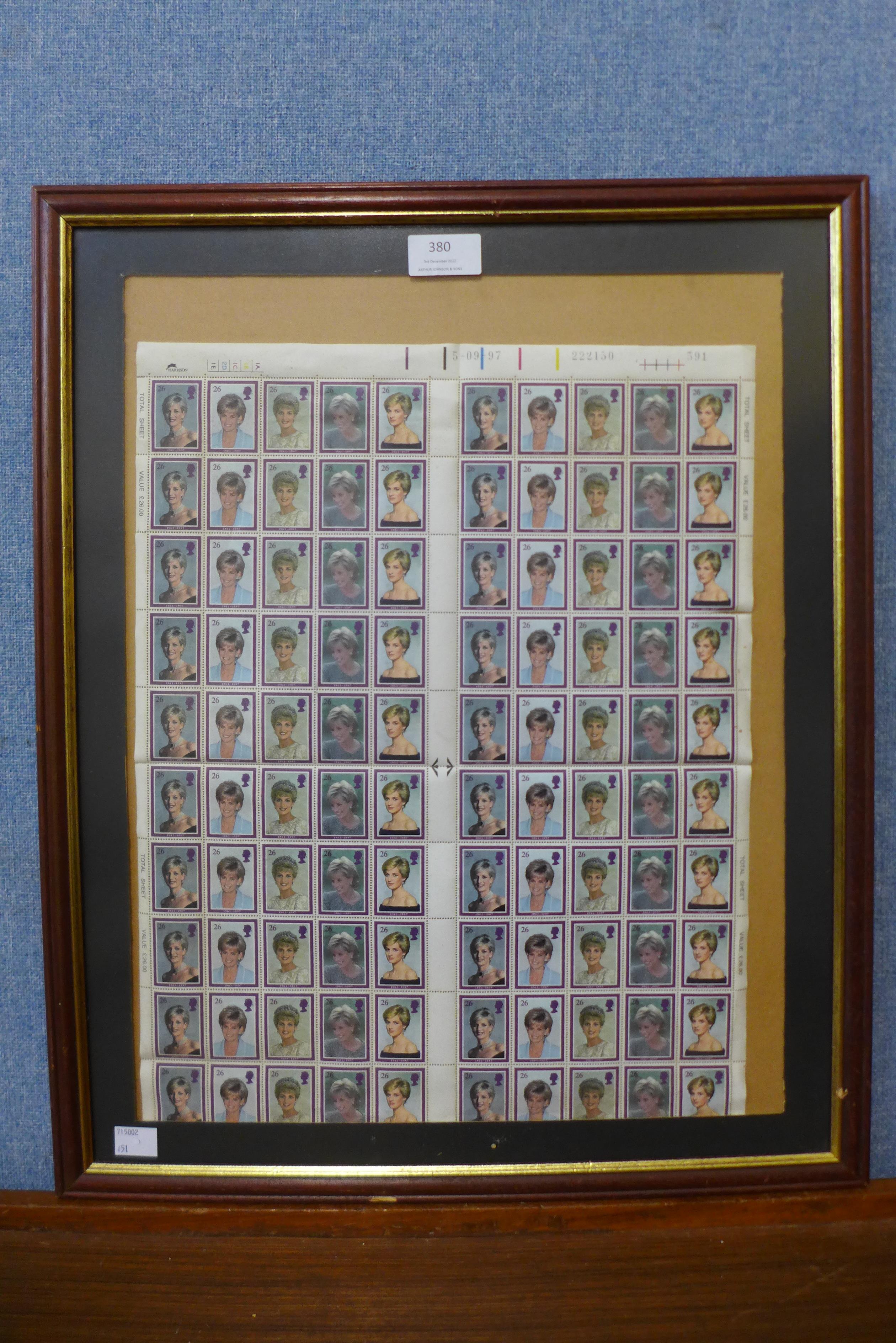 A framed Princess Diana stamp collection, dated 5th September 1997