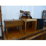 A Danish teak and cord seated chair, a beech metamorphic sewing box and a pair of teak speakers