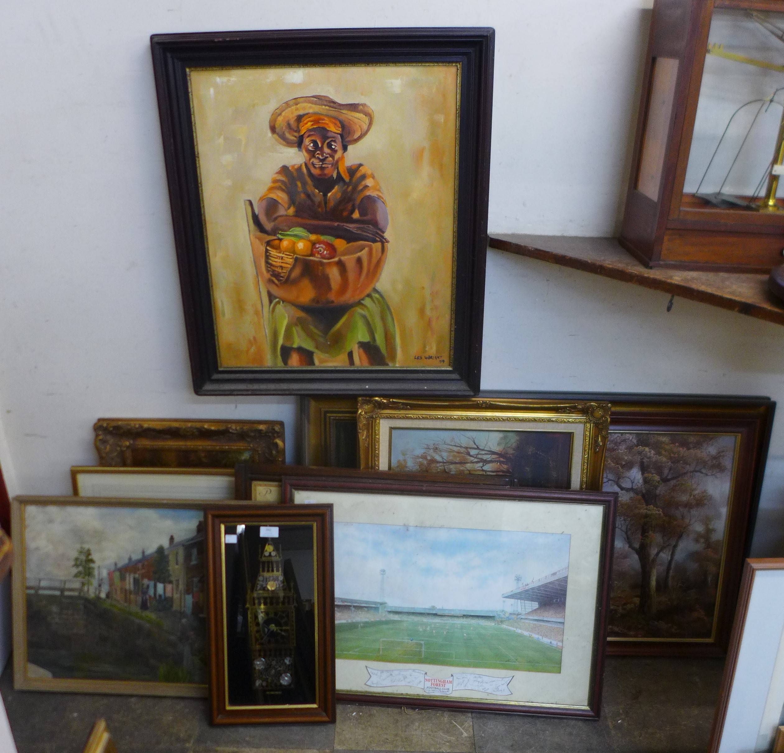 Assorted paintings, prints and a Big Ben wall clock