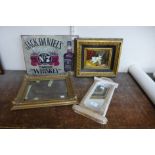 A study of kittens, oil on board, Jack Daniels tin advertising sign, mirror and a picture frame