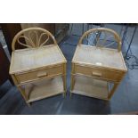 A pair of bamboo and rattan bedside tables