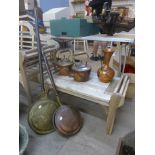 Two Victorian coper kettles, two warming pans and a ewer