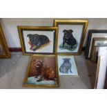 Two pastel portraits of Staffordshire Bull Terriers and two other prints