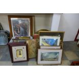 A large quantity of assorted prints and a gilt framed mirror