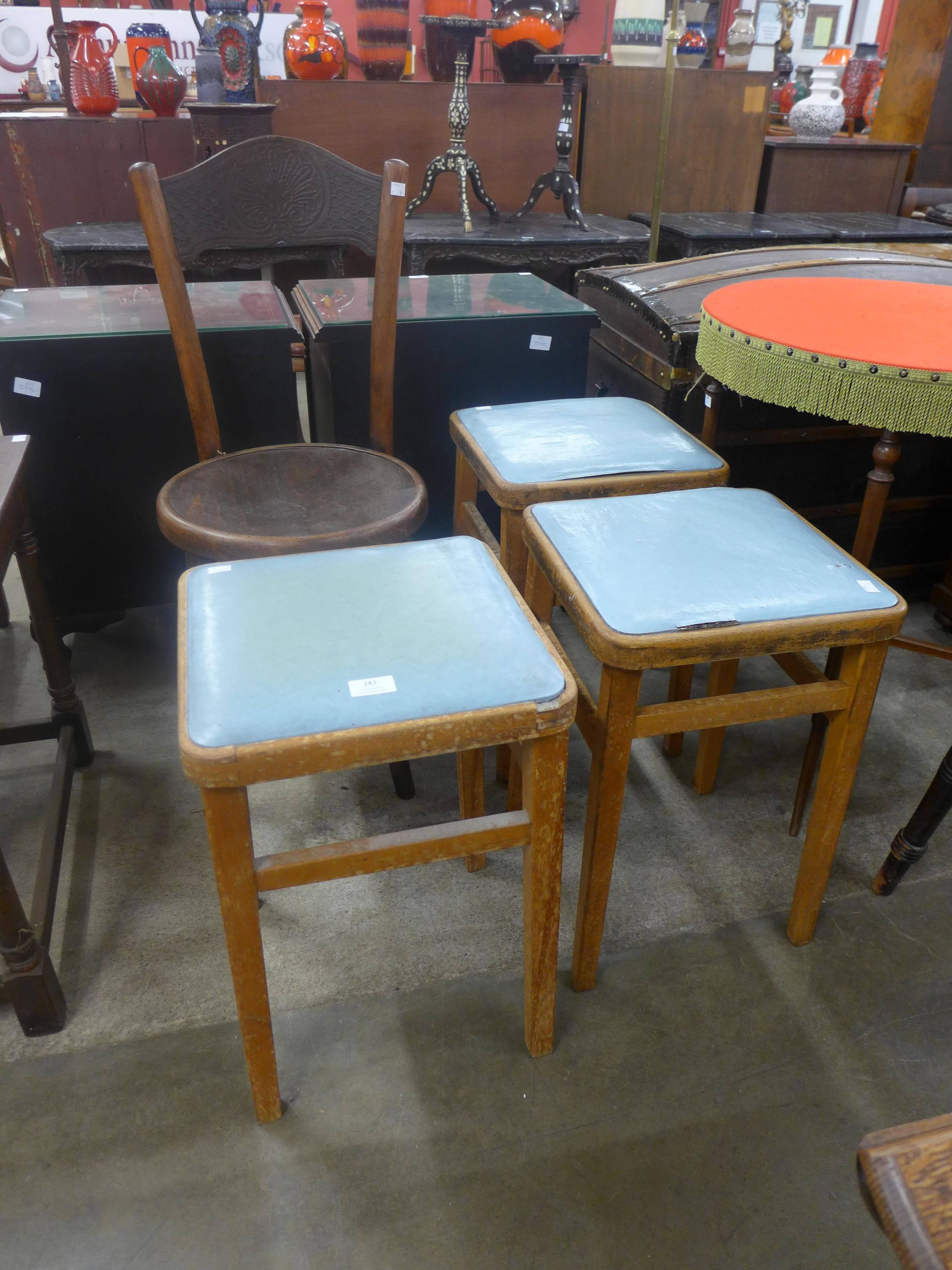 Three stools, a bentwood chair and a small oak drop-leaf occasional table