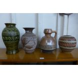 A West German 66-30 Bay Keramik glazed vase and three other glazed jugs and vases
