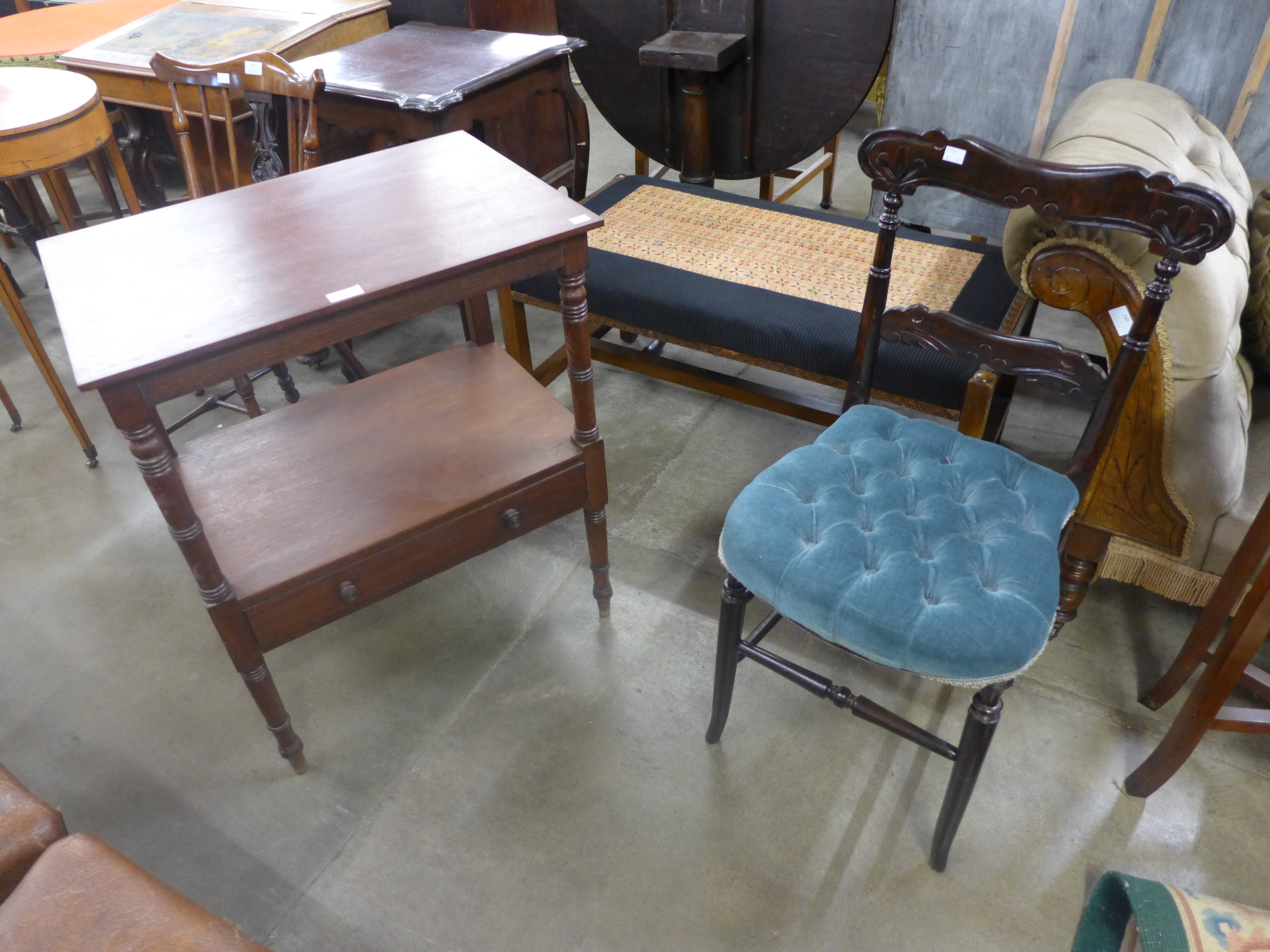 A Victorian mahogany and upholstered duet stool, an Edward VII carved mahogany dining chair and a