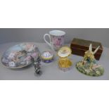 Two fairy figures, Royal Worcester fairy plate and a decorative wooden box